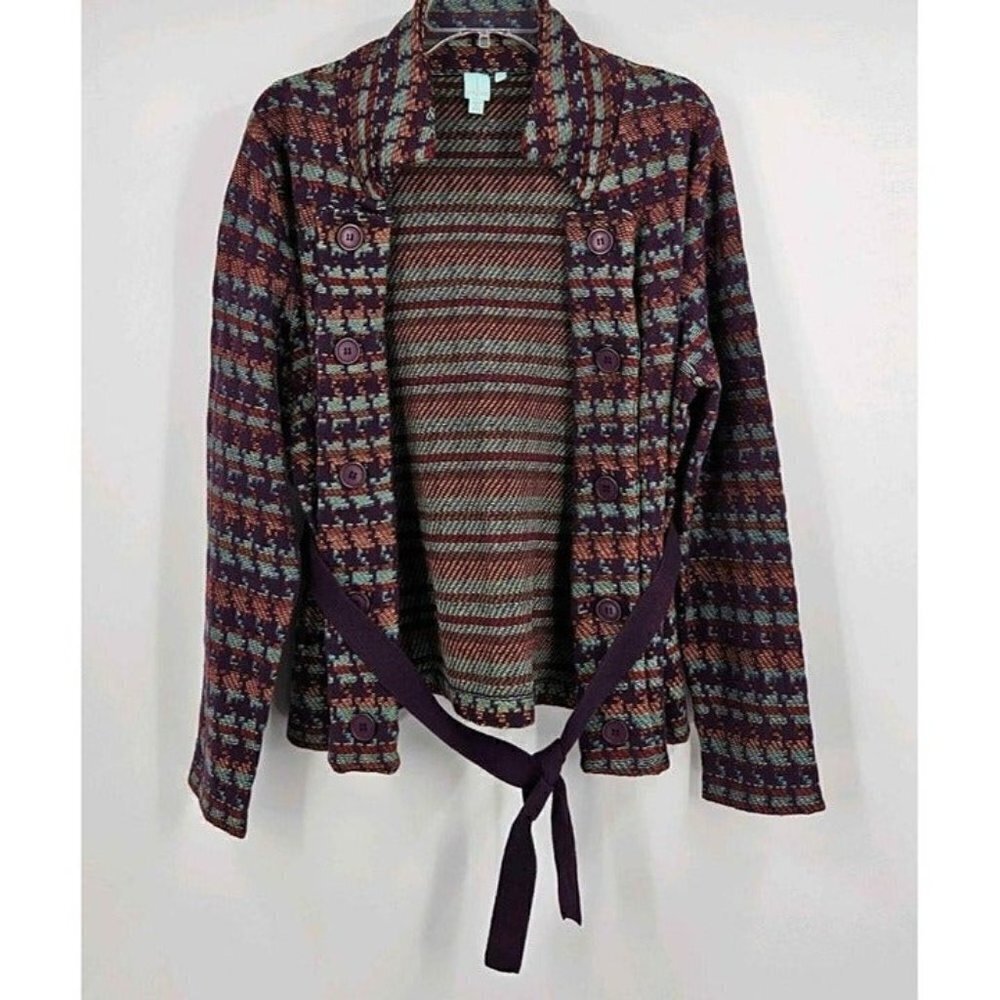 Shu Shu Plaid Blazer Topper Button Open Front Accents Multicolor Tie Belt Sz XL